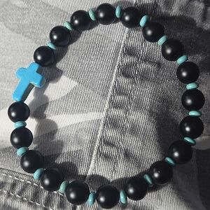 Black Onyx and Blue Turquiose Beaded Bracelet with Turquiose Cross.